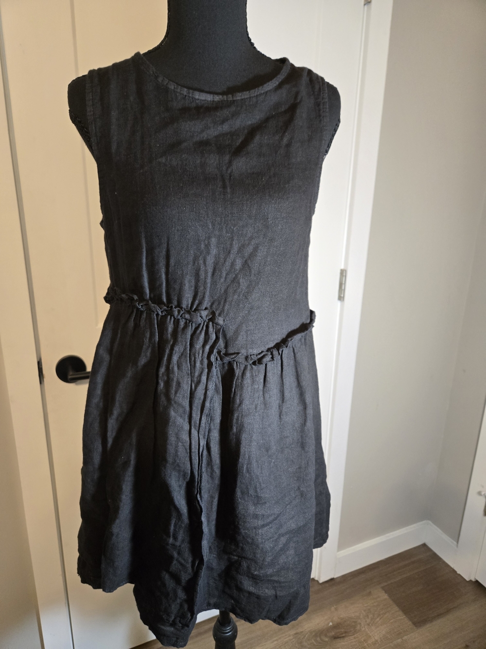 Pistache Made In Italy Black 100% Linen Asymmetrical Ruffle Dress XS